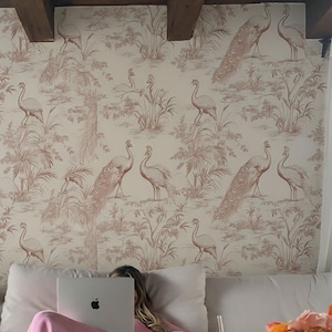 Wzór toile z pawiem w stylu vintage | Elegancki mural z ptakami | Klasyczna tapeta botaniczna | Neutralna, tradycyjna sztuka ścienna