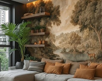 Vintage Forest Wallpaper Mural: Deer, Trees, Rustic Scenic Peel and Stick