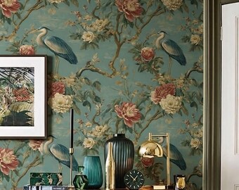 Chinoiserie Bird & Peony Wallpaper – Vintage Botanical Mural