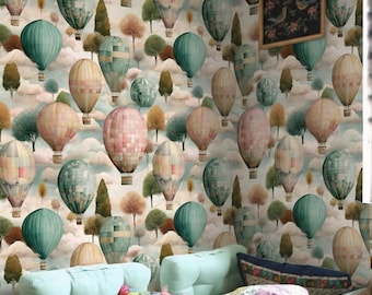 Behang heteluchtballon – Pastelkleurige grillige kinderkamermuurschildering