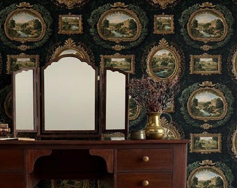 Vintage Baroque Frame Wallpaper | Antique Gallery Mural | Dark Academia Wall Art