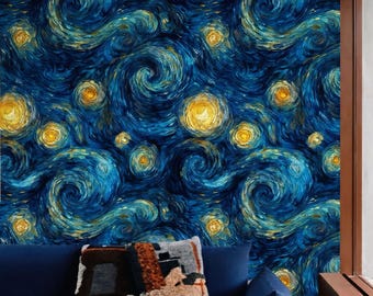 Starry Swirl Abstract Wallpaper | Blue & Gold Van Gogh Inspired Seamless Wall Mural | Modern Decor