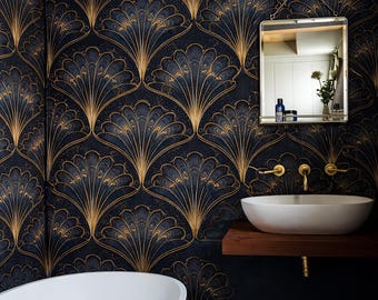 May include: A bathroom with a dark blue and gold Art Deco fan pattern wallpaper. The room features a white oval sink, a mirror, and a white bathtub. Gold fixtures and a wooden shelf add to the luxurious feel.