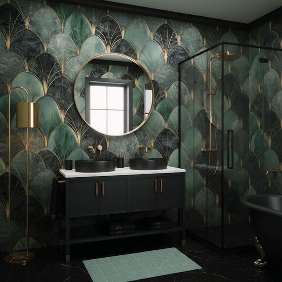 Emerald Gold Art Deco Wallpaper • Luxury Geometric Fan Pattern Mural