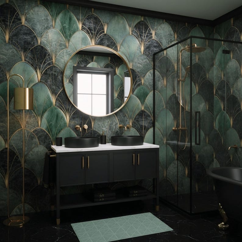 May include: A luxurious bathroom with a black marble floor and a green and gold patterned wall. The room features a black vanity with two black sinks, a large round mirror, and a gold floor lamp. A glass shower and a black bathtub complete the elegant design.