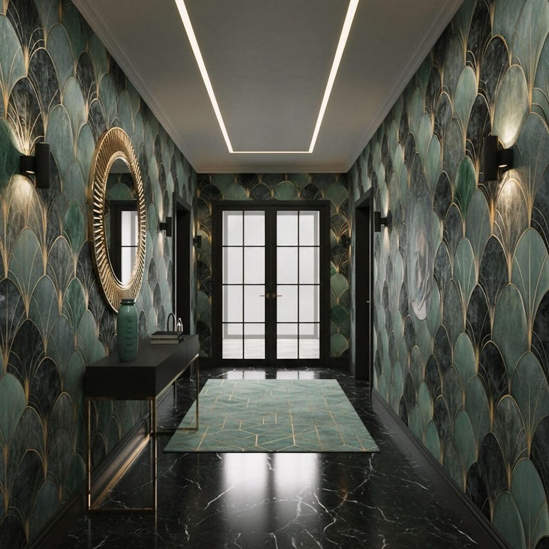 May include: A hallway with a black marble floor and walls covered in a green and gold art deco pattern. A gold-framed mirror hangs on the left wall, and a black console table with a green vase sits below it. A green rug and black double doors are at the end of the hall.