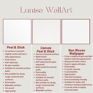May include: An advertisement for Lunisa WallArt, showcasing three wallpaper types: Peel & Stick, Canvas Peel & Stick, and Non Woven Wallpaper. Each type is described with key features, including texture, color, and application details.