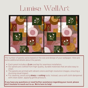 May include: Abstract wall art featuring a repeating pattern of geometric shapes in shades of pink, green, and gold. The design includes circles, squares, and floral elements. The text "Lunisa WallArt" is at the top.