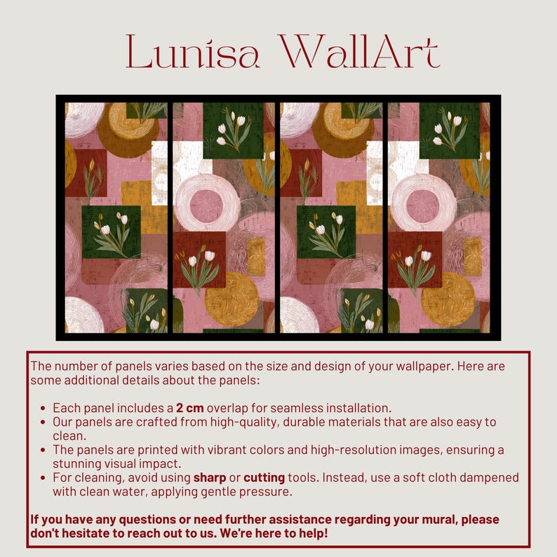 May include: Abstract wall art featuring a repeating pattern of geometric shapes in shades of pink, green, and gold. The design includes circles, squares, and floral elements. The text "Lunisa WallArt" is at the top.