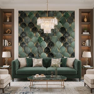May include: A luxurious living room featuring a dark green sofa with decorative pillows, a marble coffee table, and two armchairs. The focal point is a patterned wall with a gold chandelier and built-in bookshelves on either side.