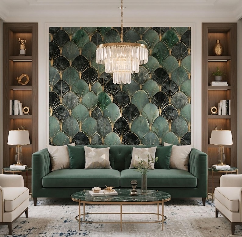 May include: A luxurious living room featuring a dark green sofa with decorative pillows, a marble coffee table, and two armchairs. The focal point is a patterned wall with a gold chandelier and built-in bookshelves on either side.