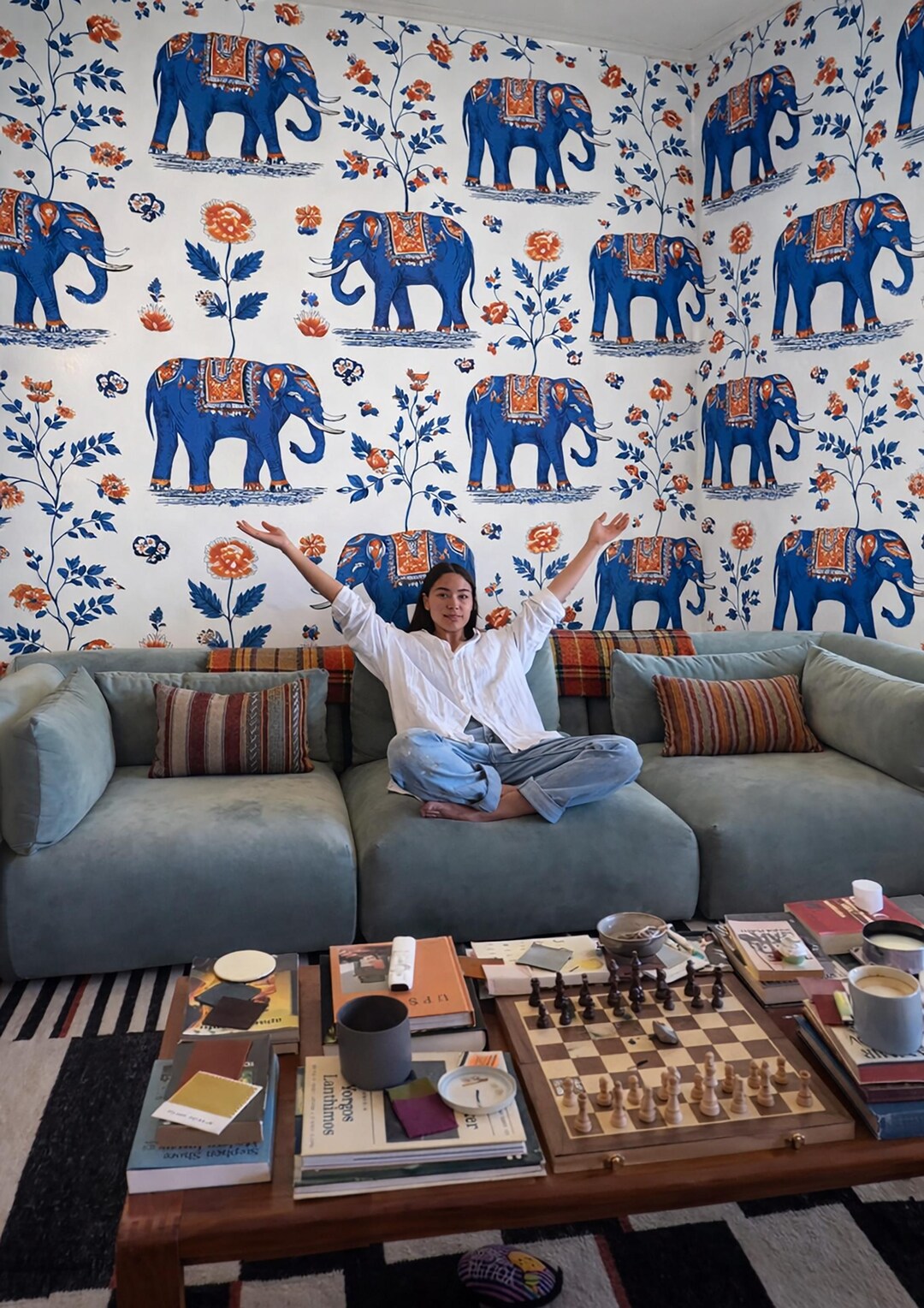 Elephant Wallpaper, Indian Folk Art Wall Decor, Blue Orange Floral ...