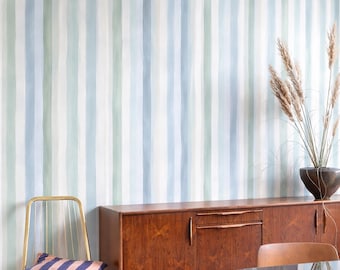 Pastell Aquarell Gestreifte Tapete | Hellblauer Salbei Minimal Wand Dekor