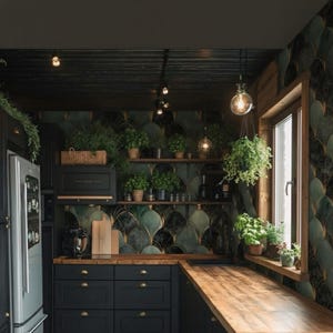 May include: A stylish kitchen with dark cabinetry, wooden countertops, and a decorative backsplash featuring a green and gold fan pattern. Shelves display potted herbs, and hanging lights illuminate the space. A refrigerator and window are also visible.