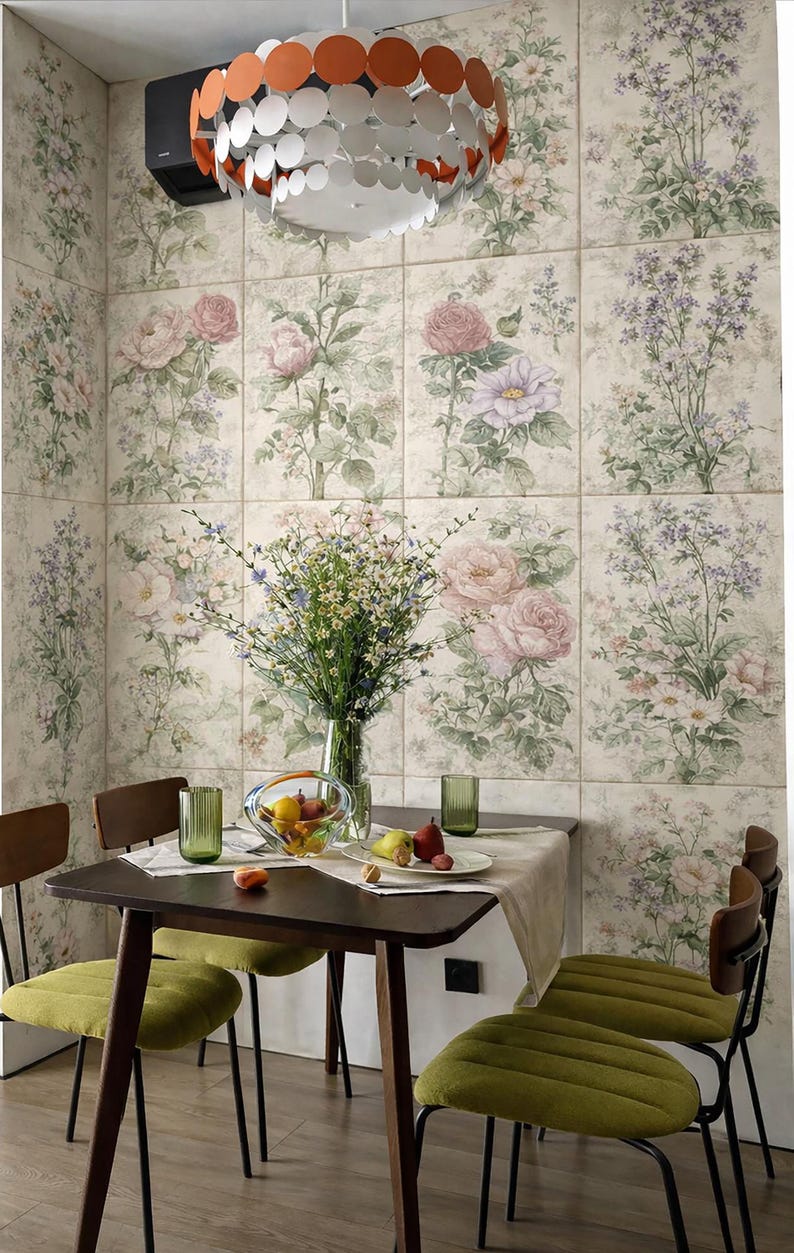 Vintage Floral Wallpaper, Botanical Rose Tile Pattern, Romantic Cottage ...