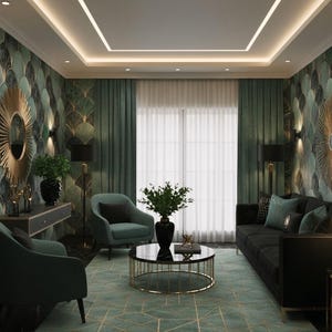 May include: An interior design featuring a living room with teal and gold accents. The room includes a black sofa, teal armchairs, a round coffee table, and a patterned rug. The walls are decorated with teal and gold wallpaper and large gold mirrors.