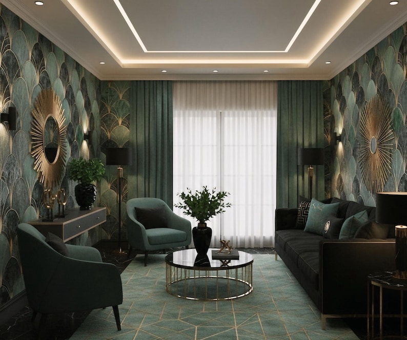 May include: An interior design featuring a living room with teal and gold accents. The room includes a black sofa, teal armchairs, a round coffee table, and a patterned rug. The walls are decorated with teal and gold wallpaper and large gold mirrors.