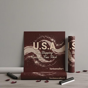 May include: A maroon canvas print with the text "U.S.A" and "Free Shipping Customs Fees Paid" in a cream color. The print has a white and cream abstract design. A rolled-up print and a cylindrical print are also visible.