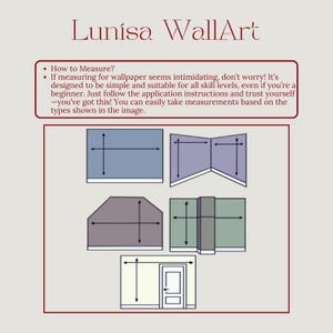 May include: An illustration from Lunisa WallArt showing how to measure for wallpaper. The image includes diagrams of different wall shapes with measurement lines, and text that reads "How to Measure?" and "You can easily take measurements based on the types shown in the image."