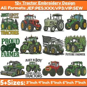 Könnte beinhalten: Eine Sammlung von 12+ Traktor-Stickmustern in verschiedenen Formaten. Die Designs zeigen Traktoren in verschiedenen Farben und Stilen, mit Texten wie "Just a Boy Who Loves Tractors" und "Proud Farmer". Erhältlich in 5+ Größen, von 7.6 cm bis 17.8 cm.