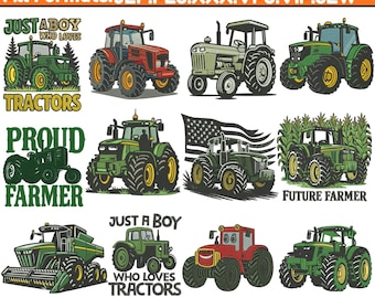 Paquete de diseños de bordado a máquina de tractor verde, archivo de diseño de bordado de tractor agrícola, diseños de bordado de Monster Truck, archivo Pesfile de 5+ tamaños, descarga