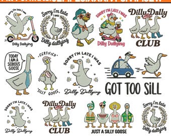 Preppy Dilly Dally Goose Machine Embroidery Design Goose Bow Embroidery Cute Silly Goose Embroidery Vintage Ribbon Goose Pattren Pes 5+Sizes