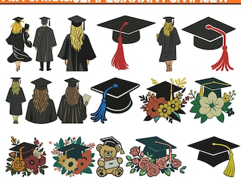 Diseño de bordado a máquina para graduación, bordado de birrete y diploma, bordado de oso de graduación, patrón de graduación, archivo PesFile5+tamaño, descarga