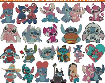 Diseños de bordado a máquina de Stitch y Angel, bordado de Lillo y Stitch, bordado de Lillo Pelekai, personajes adorables, archivo PES, más de 5 tamaños, descargas
