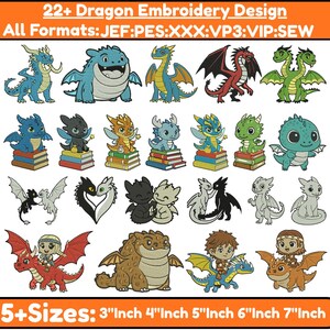 May include: A collection of 22+ dragon embroidery designs in various styles and colors, including blue, green, red, and black. The designs are available in multiple formats and 5+ sizes, ranging from 3 inches to 7 inches.
