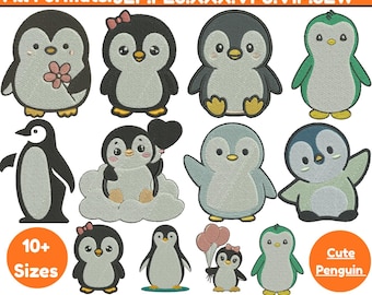 Diseños de bordado a máquina de pingüinos lindos, archivo de bordado de mini pingüino, archivos de bordado de pingüino pequeño, archivo PES de pingüino bebé, más de 5 tamaños para descargar.