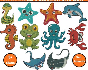 Paquete de diseños de bordado a máquina de animales marinos: ballena, pez, pescador costero, archivo Pes (más de 5 tamaños)