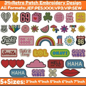 May include: A collection of 34+ retro-style embroidery designs featuring various icons including hearts, rainbows, smiley faces, mushrooms, flowers, and text phrases like 'Good Vibes', 'Smile', and 'Take It Easy' in multiple colors.