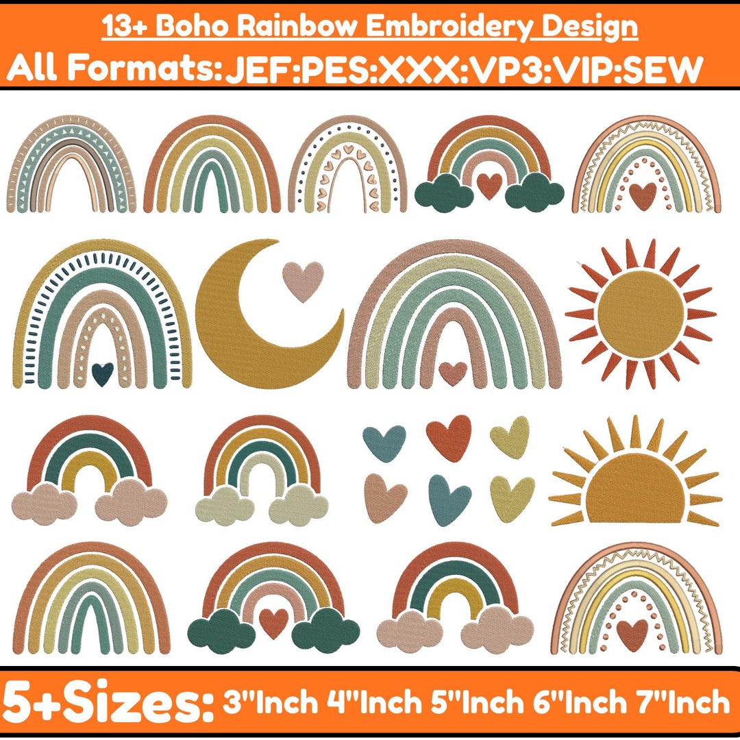 Cute Rainbow Machine Embroidery Design Cloud Heart Bow Design Boho ...