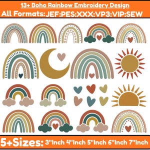 May include: A collection of boho rainbow embroidery designs in various colors, including orange, teal, and brown. The image includes rainbows, hearts, a crescent moon, and a sun. The text reads "13+ Boho Rainbow Embroidery Design" and "5+Sizes: 3"Inch 4"Inch 5"Inch 6"Inch 7"Inch".