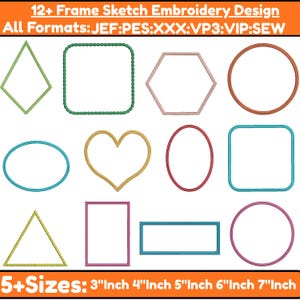 Può includere: Una collezione di 12+ disegni di ricamo a schizzo di cornici in varie forme, tra cui rombo, quadrato, esagono, cerchio, ovale, cuore e rettangolo. Dimensioni da 7.6 cm a 17.8 cm. Testo: "12+ Frame Sketch Embroidery Design" e "5+ Sizes: 3"Inch 4"Inch 5"Inch 6"Inch 7"Inch".