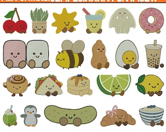 Set 21 Cute Kawaii Food Embroidery Designs, Mega Bundle Bakery Mini Embroidery Files, Cute Birthday Cake, Kawaii Girl Boy Baby, Pes 5+ Sizes