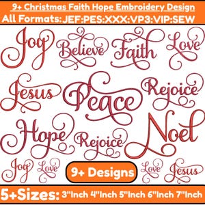 May include: A collection of red embroidery designs featuring Christmas-themed words like "Joy", "Believe", and "Faith". The image also includes size options from 3 to 7 inches and various file formats. The words are in a decorative script font.