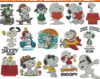 Lindos diseños de bordado a máquina de Snoopy Diseño de bordado de Snoopy Snoopy con bordado de conducción Archivo de bordado colorido de Snoopy Pes 5+ tamaños