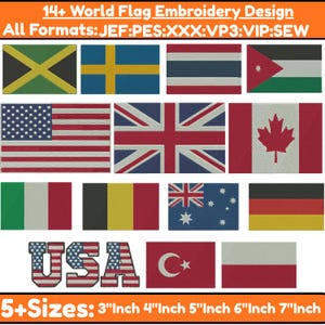 May include: Embroidered world flags, including the UK, USA, and Canada, with the text "14+ World Flag Embroidery Design." The flags are displayed in various formats and sizes, ranging from 7.6 cm to 17.8 cm.