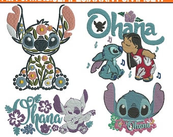Diseños de bordado a máquina Ohana Stitch, bordado Scrump, bordado Lillo y Angel, bordado floral. Ohana significa familia. Archivo de 5+ tamaños.