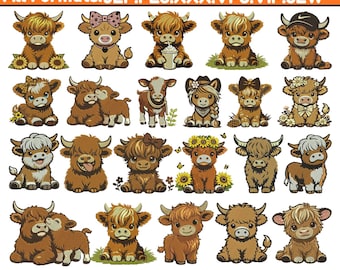 Floral Baby Highland Cow Machine Embroidery Designs Cute Highland Cow Embroidery Designs Sunflower Highland Cow Emb Pes Files5+Size Download