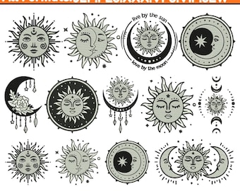 Diseños de bordado celestiales para máquina: Bordado de sol y luna, Bordado místico de sol y luna, Patrón de estrella celestial, Archivo Pes, 5+ tamaños, Descargar