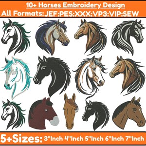 May include: A collection of horse head embroidery designs in various colors and styles. The image includes text that reads "10+ Horses Embroidery Design" and "5+ Sizes: 3"Inch 4"Inch 5"Inch 6"Inch 7"Inch". The designs are available in multiple formats.