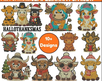 Diseños de bordado a máquina de vacas escocesas adorables. Diseños de bordado de mini vacas escocesas con motivos florales. Archivos de bordado de vacas bebés. Más de 5 tamaños. Descargas instantáneas.