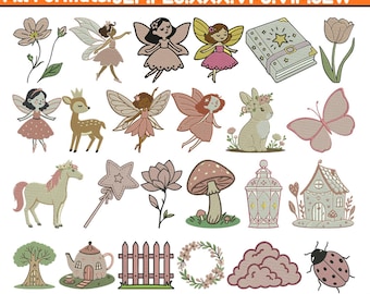 Diseños de bordado a máquina de jardín de hadas Hada encantadora con flores Bordado Niña hada linda con alas Bordado Hada mágica Pes 5+ tamaños