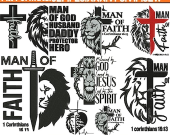 Diseño de bordado a máquina cristiano de hombre de fe, diseño de bordado de versículos bíblicos, diseño de bordado de león de hombre de fe, archivo PES de 5 tamaños, descarga instantánea