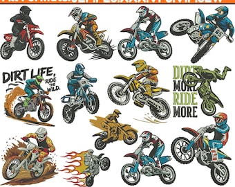 Diseños de bordado a máquina para motocross, diseño de motociclista para niño, diseño de moto deportiva, conjunto de bordado para motocross, moto de cross, archivo Pes (5+ tamaños)