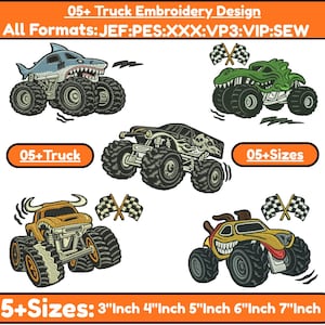 Puede incluir: Un diseño de bordado con cinco diseños de monster truck. Los camiones son de varios colores y estilos, incluyendo un tiburón, un caimán, una calavera, un toro y un perro. El diseño incluye el texto "05+ Truck Embroidery Design" y "5+Tamaños: 7,6cm 10,2cm 12,7cm 15,2cm 17,8cm".