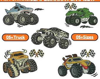 Diseños de bordado a máquina de Monster Truck, apliques de Monster Truck, bordado de dibujos animados de T-REX Monster Truck, archivo Pes de 5 tamaños, descarga