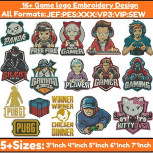 Könnte beinhalten: Sammlung von 16+ Game-Logo-Stickdesigns in verschiedenen Formaten. Designs umfassen einen Panda, Gamer-Charaktere und Texte wie "Free Fire", "Silent Killer" und "PUBG". Größen von 7.6 cm bis 17.8 cm.